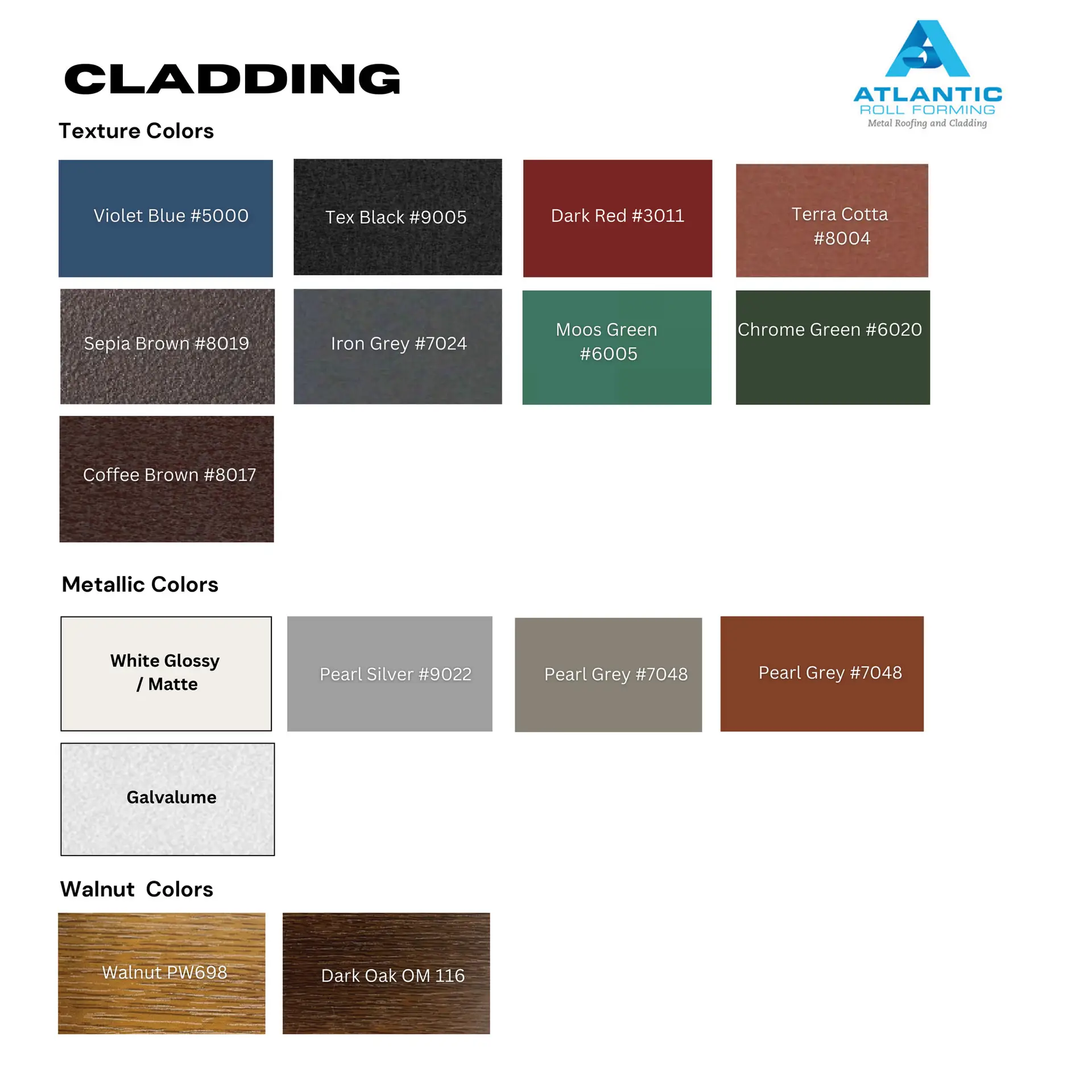 Cladding color samples: texture, metallic, walnut varieties.